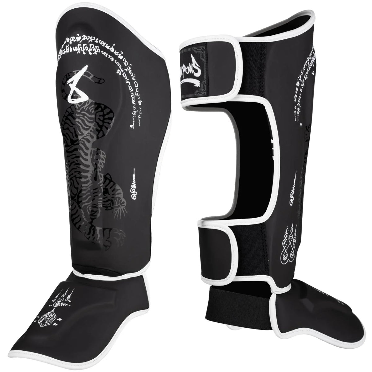 8 Weapons Sak yant Big Tiger Shin Guards Schwarz/Schwarz