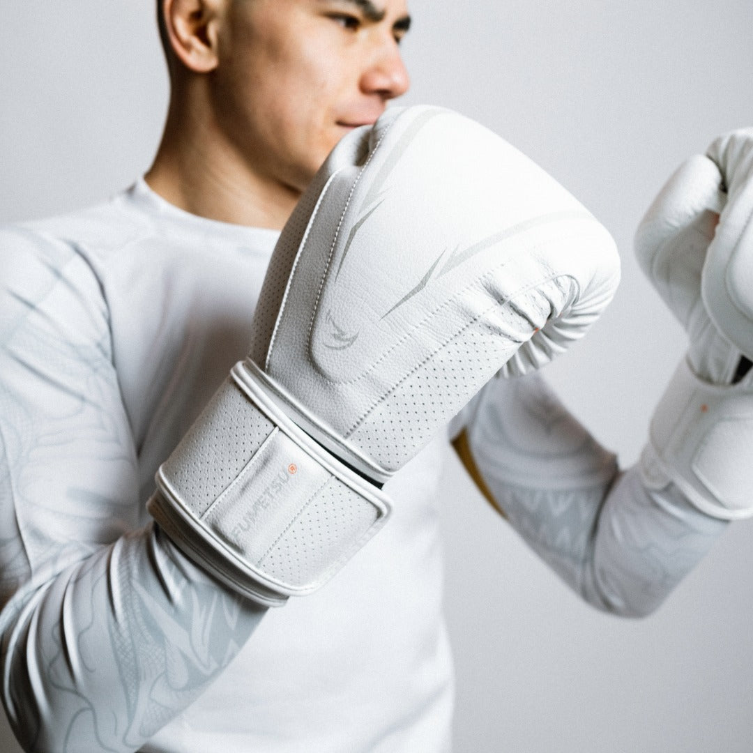 Alpha Pro MK2 Boxing Gloves White Photoshoot 1