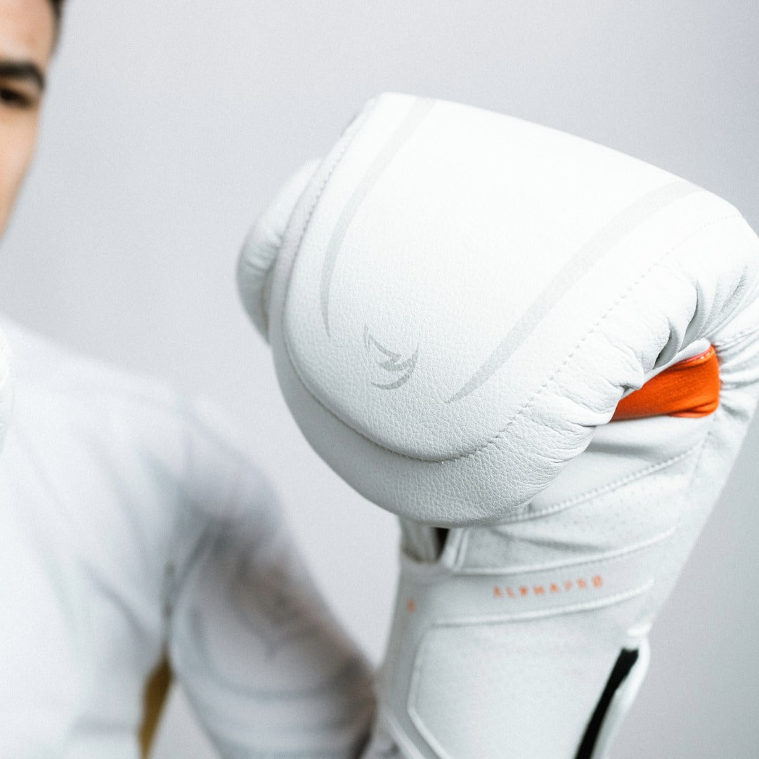 Alpha Pro MK2 Boxing Gloves White Photoshoot 2