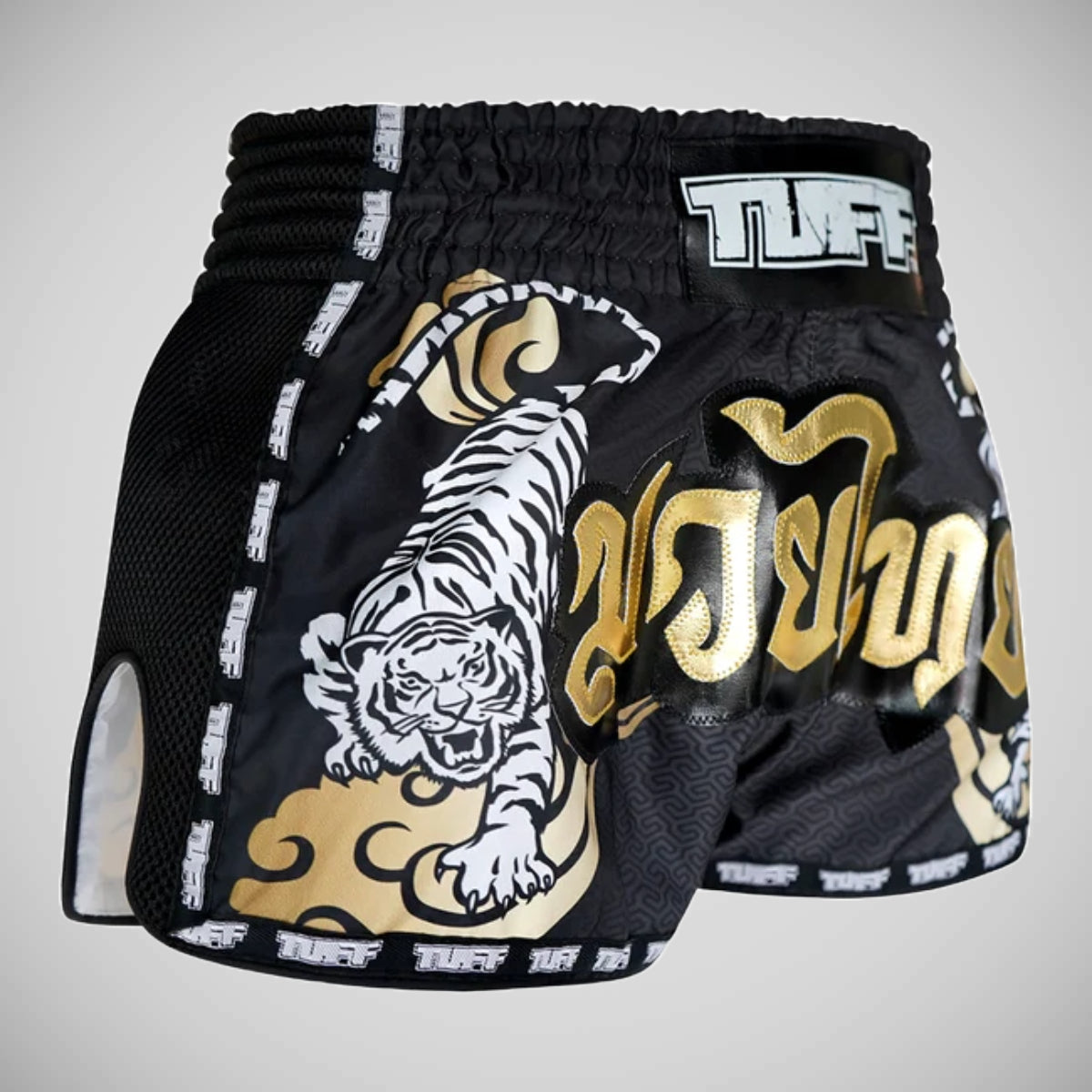 Tuff Sport MRS301 Retro -Stil Doppel Tiger Muay Thai Shorts Schwarz