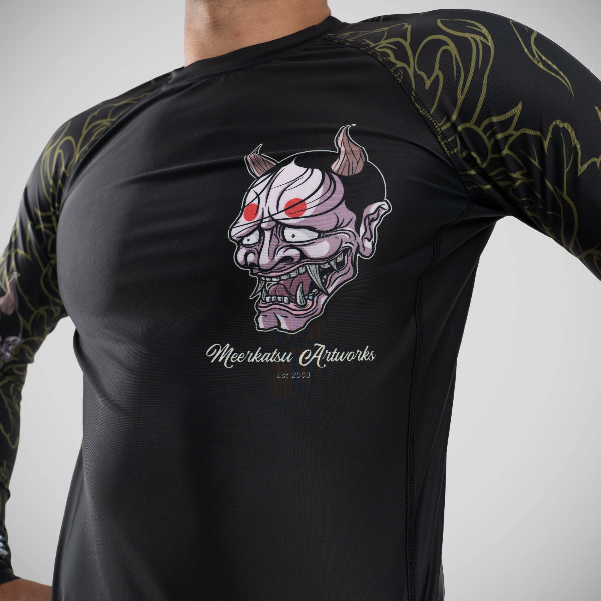 Meerkatsu die lachende Hannya Langarm -Hautausschlagsgarde Blau/Orange