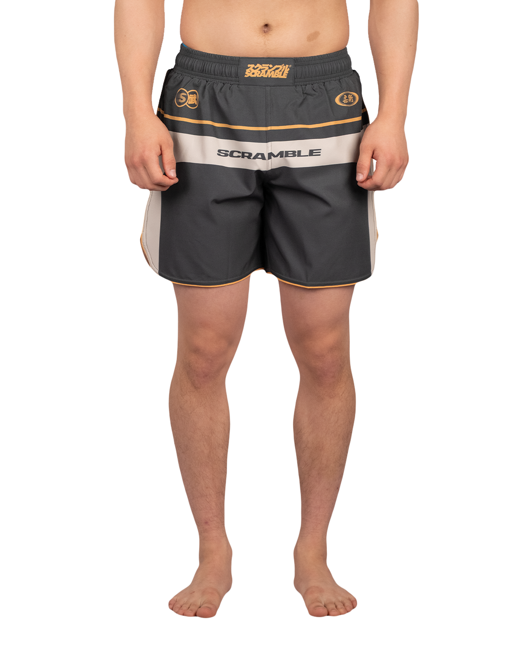 Scramble Duotone Grappling Shorts Black in black, stone and orange, front view