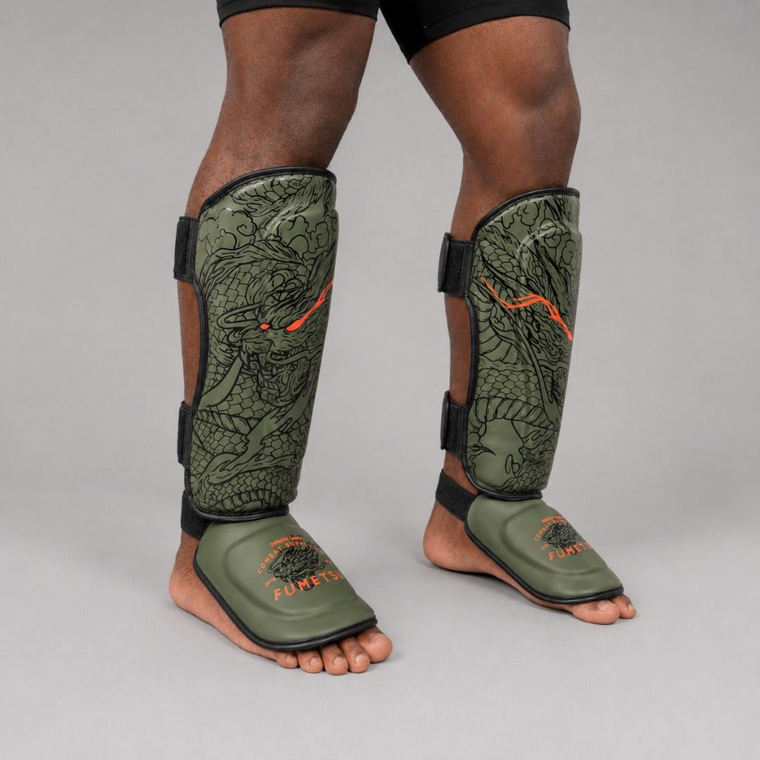Fumetsu Dragon Slayer Shin Guards Khaki/Orange Lifestyle 3