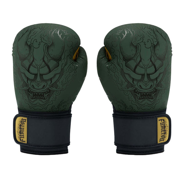 Fumetsu Oni Boxing Gloves Khaki/Black/Gold - design close-up