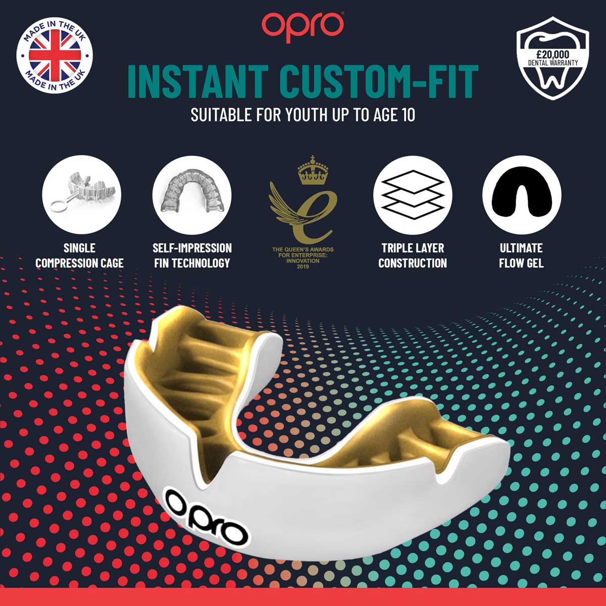 Opro Junior Instant Custom-Fit Single Colour Mouth Guard Red/White