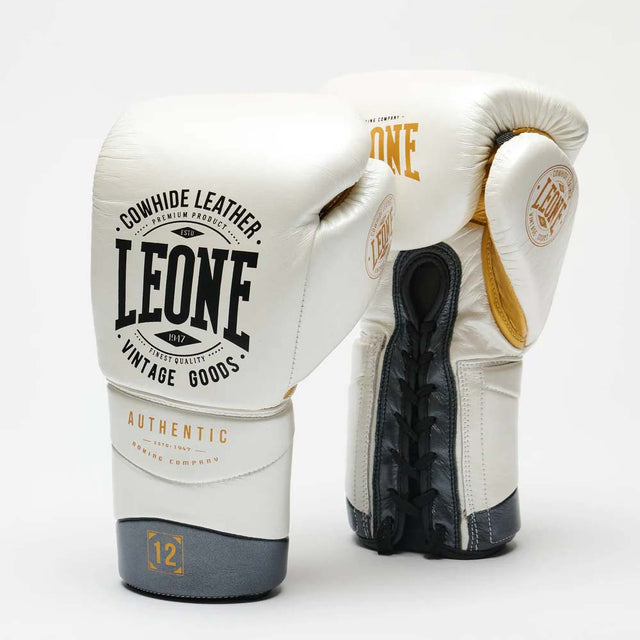 Leone Authentic 2 Lace-Up Boxing Gloves White/Gold