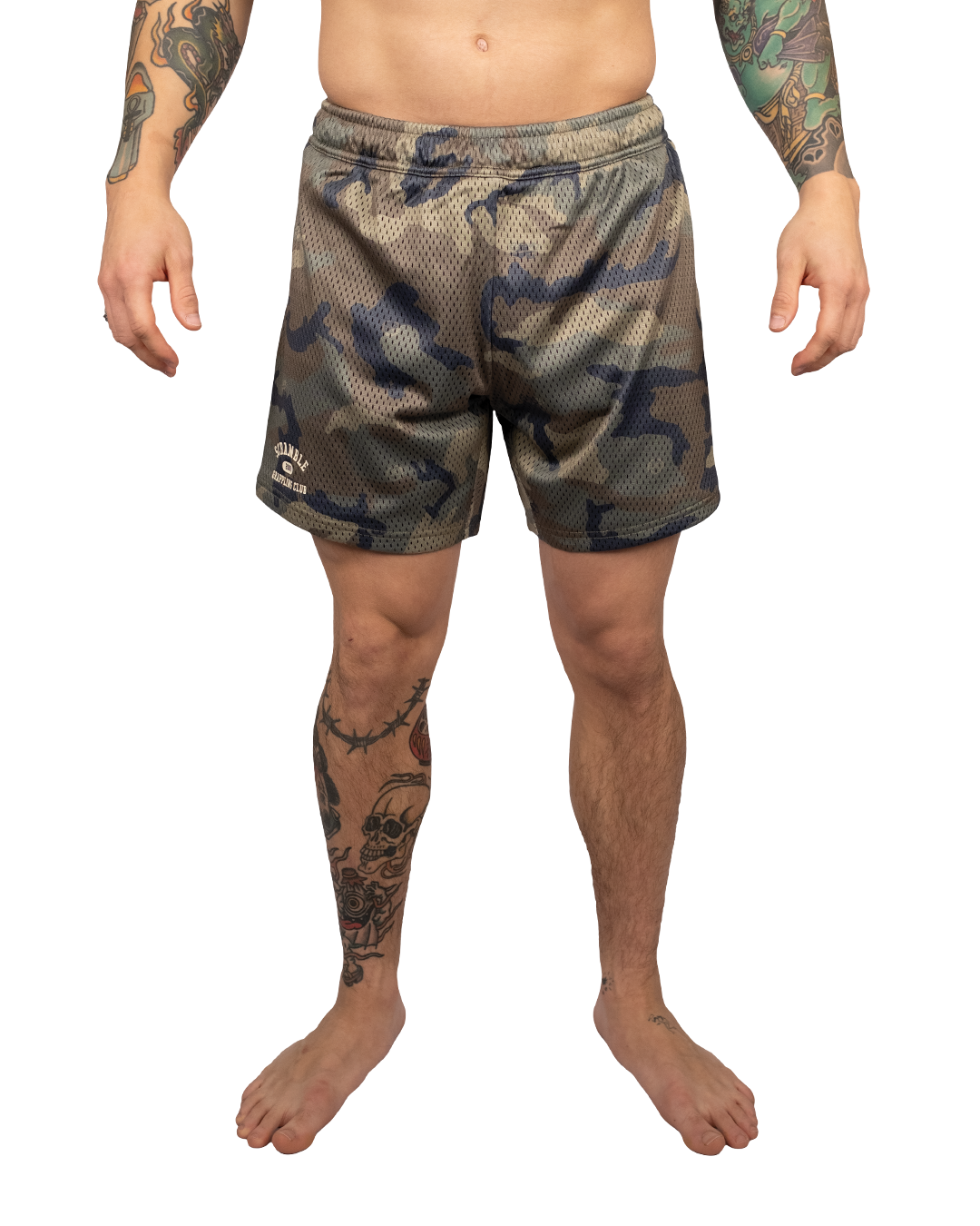 Scramble Mesh Hybrid Grappling Shorts Woodland Camo in Woodland camo, front view