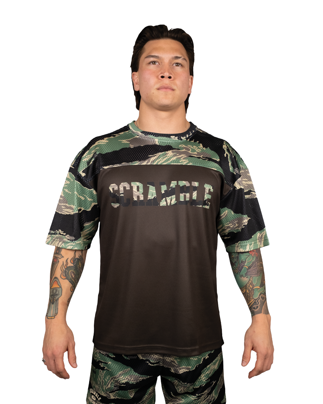 Scramble Mesh Hybrid Grappling Top Tiger Camo in Tiger camo, front view