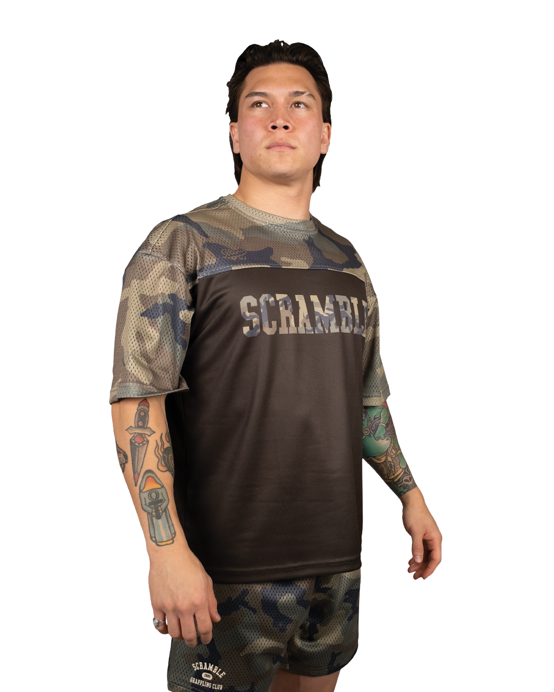 Scramble Mesh Hybrid Grappling Top Woodland Camo in Woodland camo, view 2 of 6