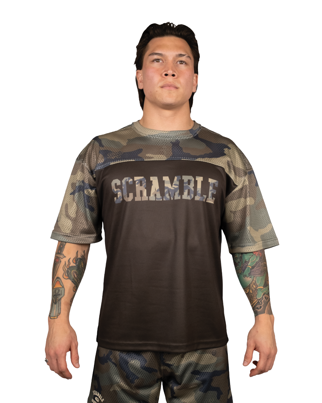 Scramble Mesh Hybrid Grappling Top Woodland Camo in Woodland camo, front view