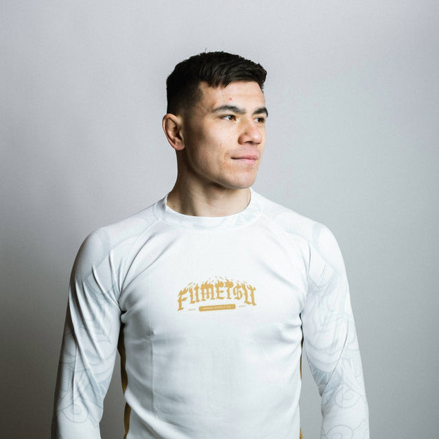 Fumetsu Oni Long Sleeve Rash Guard White/Gold/Grey