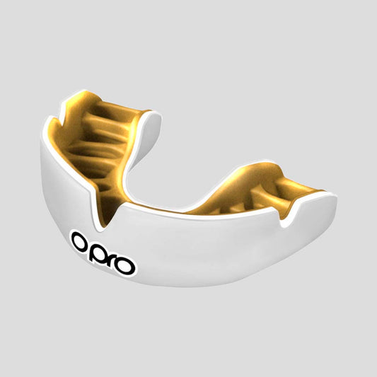 White/Gold Opro Junior Instant Custom-Fit Single Colour Mouth Guard