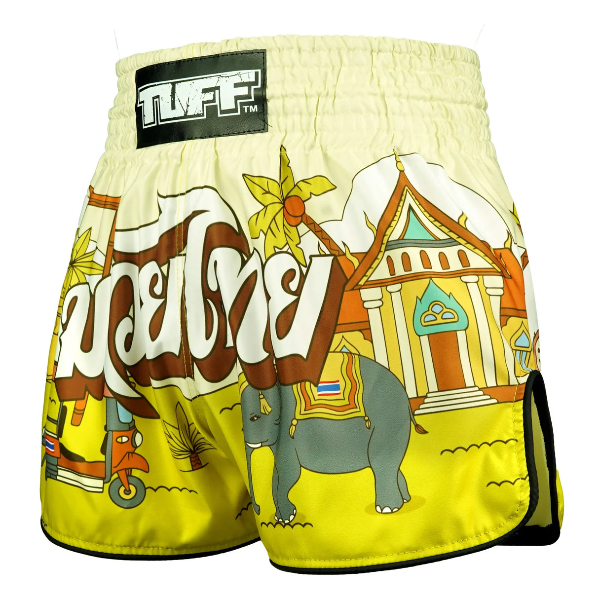 TUFF Sport RMS127 High-Cut Retro The Sunshine Journey Muay Thai Shorts Yellow - back view