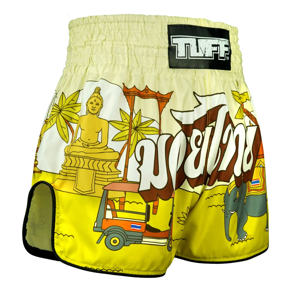 TUFF Sport RMS127 High-Cut Retro The Sunshine Journey Muay Thai Shorts Yellow - design close-up