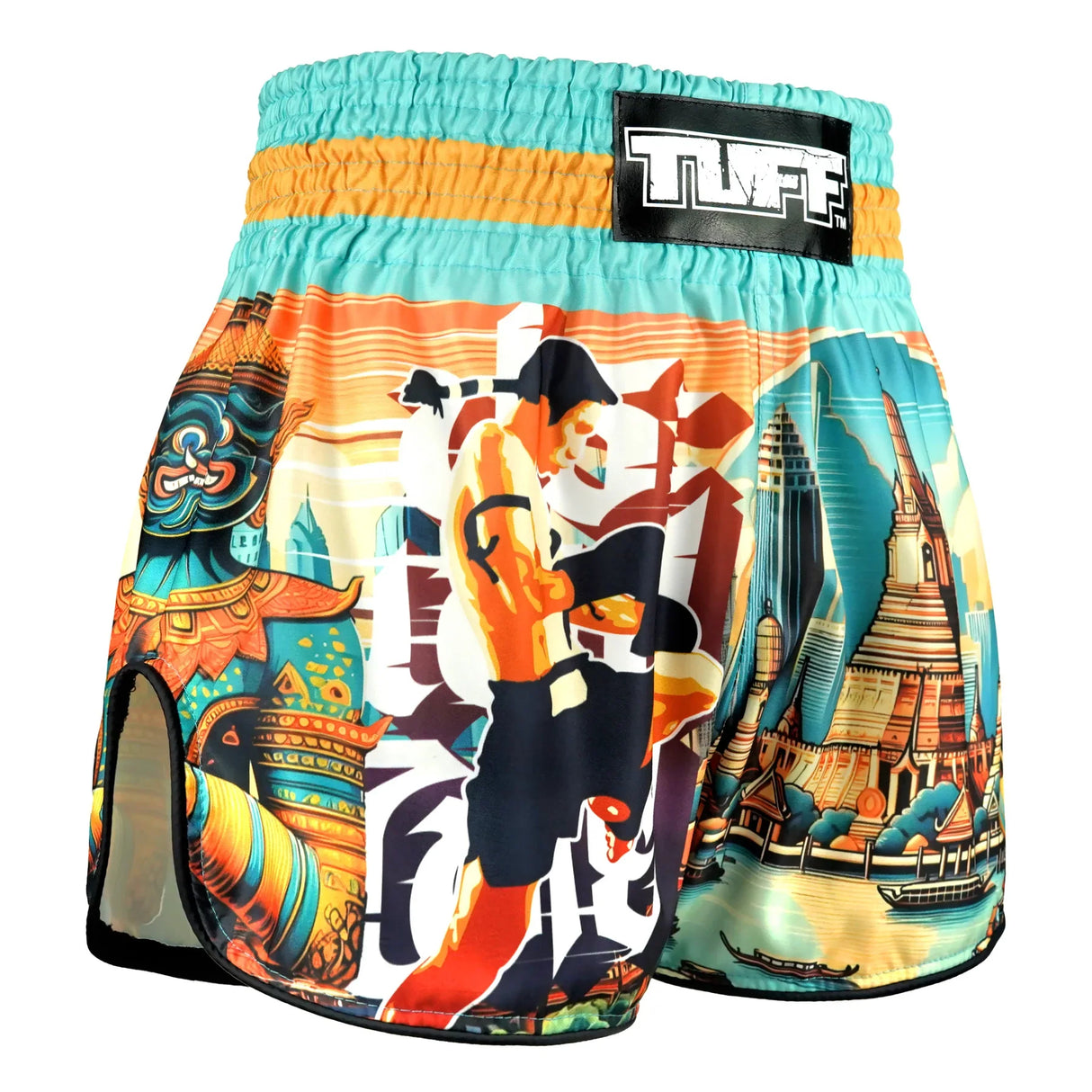 TUFF Sport RMS128 High-Cut Retro The Legacy of Thailand Muay Thai Shorts Teal - design close-up