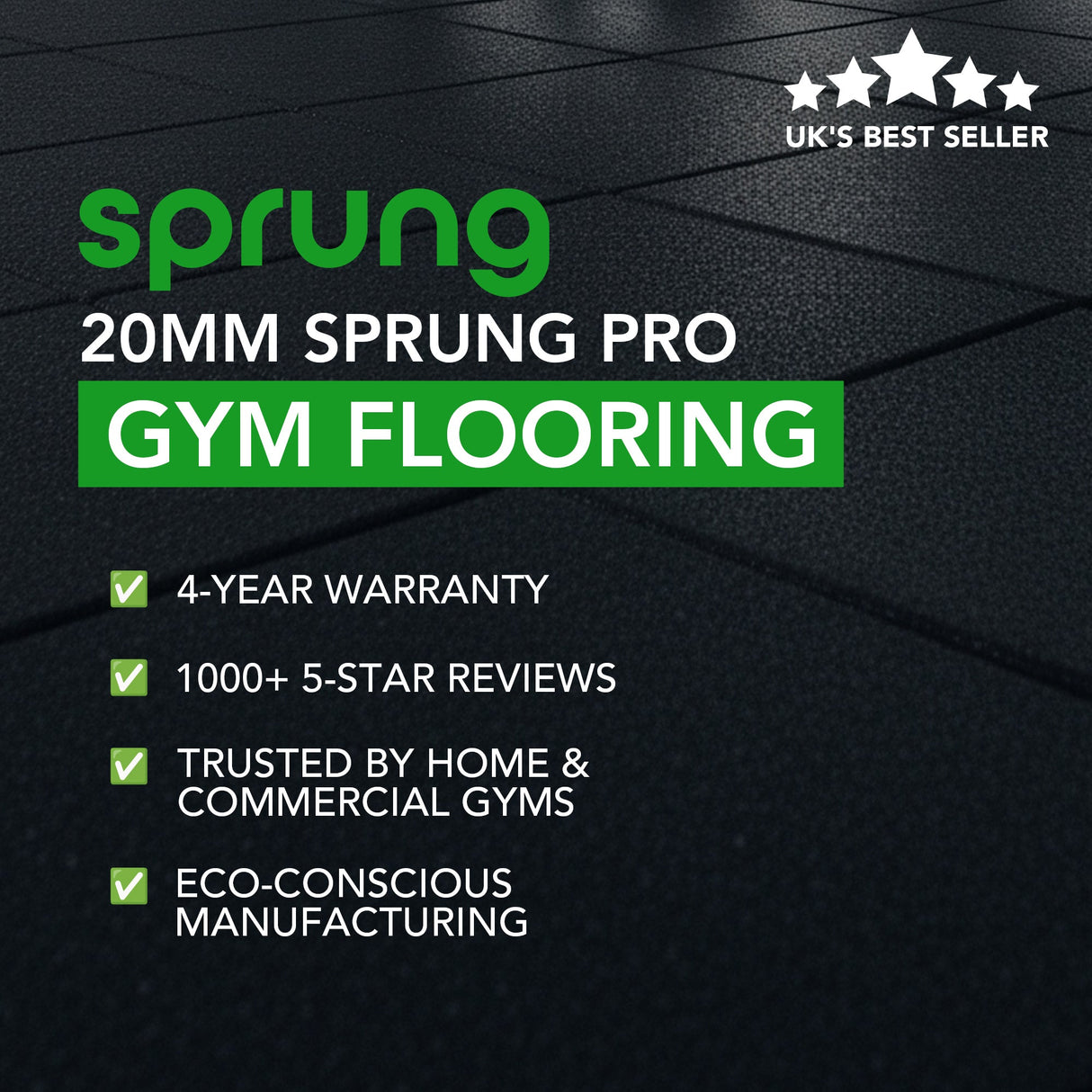 Sprung 20mm PRO Rubber Gym Floor Tiles - Smooth Top - Black