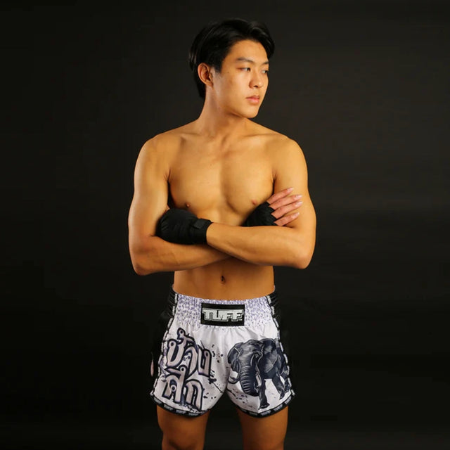 TUFF Sport MRS203 Retro Style White War Elephant Muay Thai Shorts