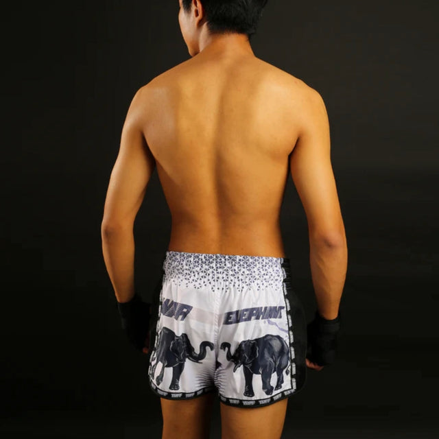 TUFF Sport MRS203 Retro Style White War Elephant Muay Thai Shorts