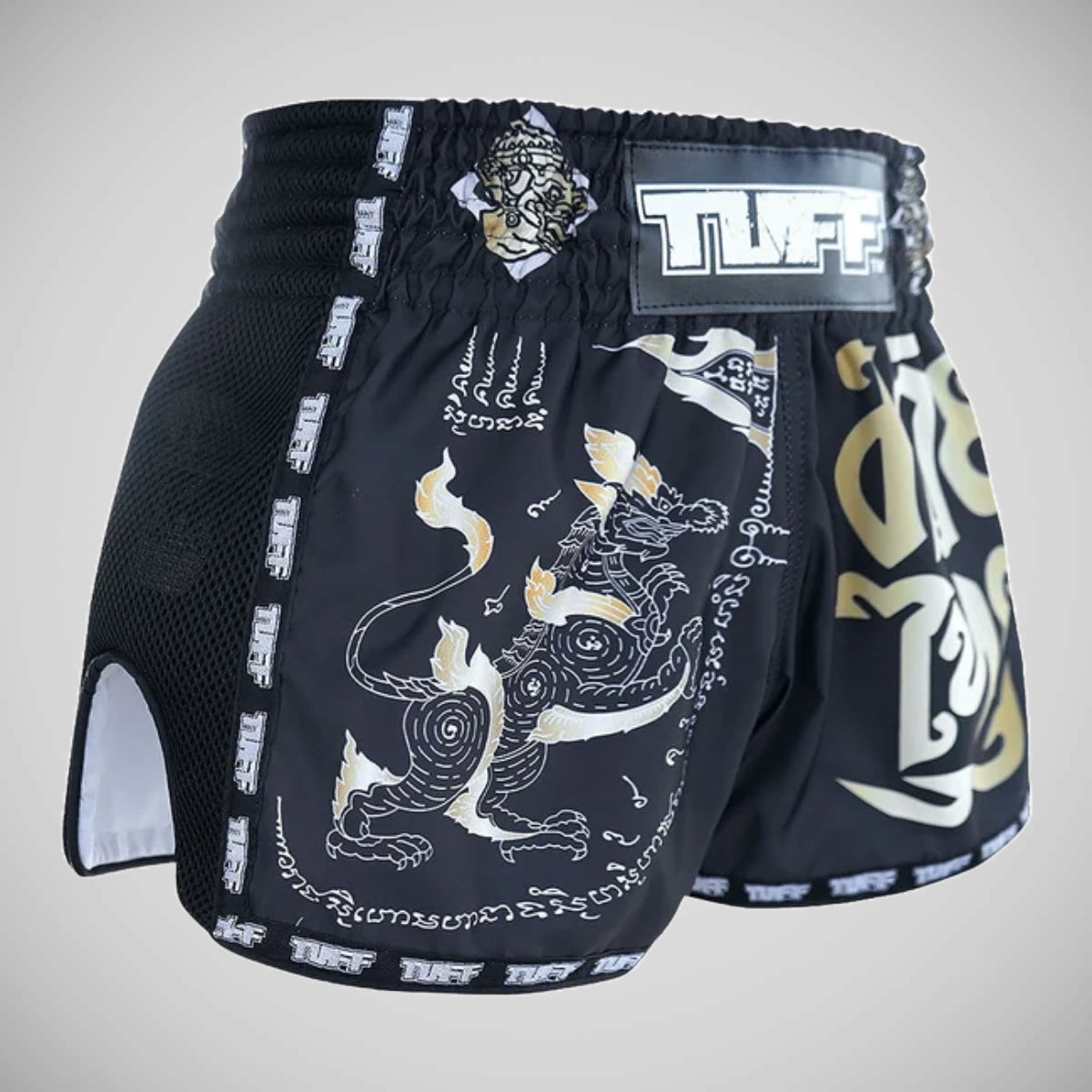 Tuff Sport Mrs206 Retro Style Black Singha Yantra med krigsflagg Muay Thai Shorts