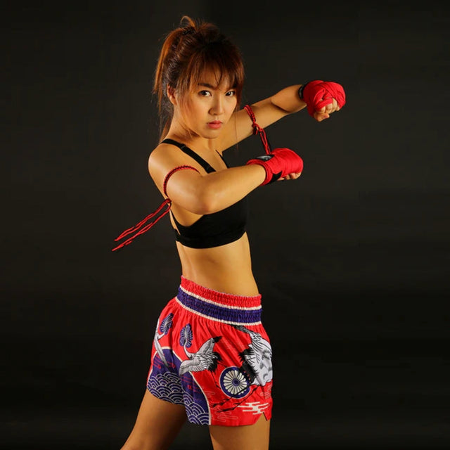 TUFF Sport MS639 Red Japanese Drawing Crane Birds Muay Thai Shorts