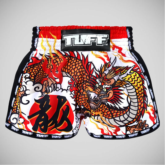 TUFF Sport MRS204 Retro Style White Chinese Dragon Muay Thai Shorts