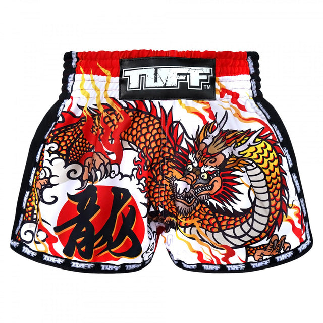 TUFF Sport MRS204 Retro Style White Chinese Dragon Muay Thai Shorts
