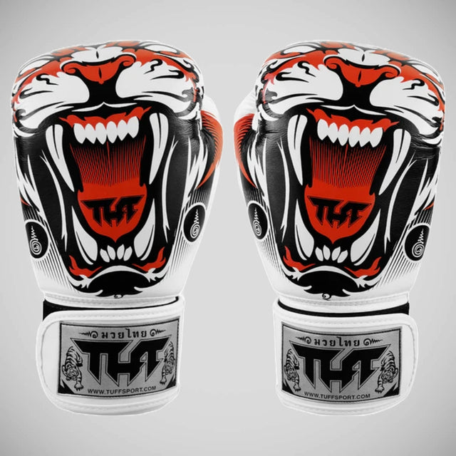 TUFF Sport White Tiger Muay Thai Boxing Gloves White