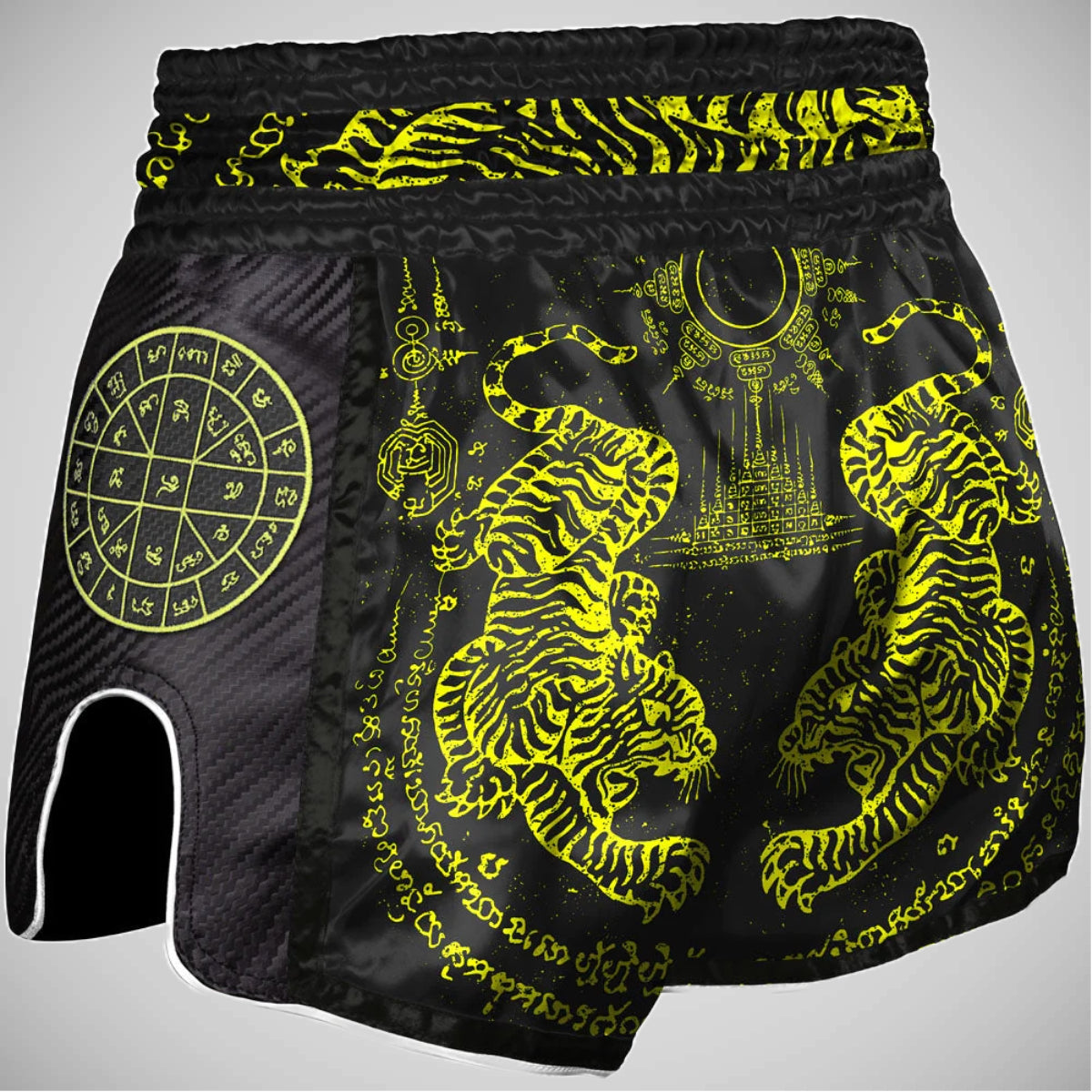 8 무기 Sak Yant Tigers Carbon Muay Thai Shorts Neon Yellow
