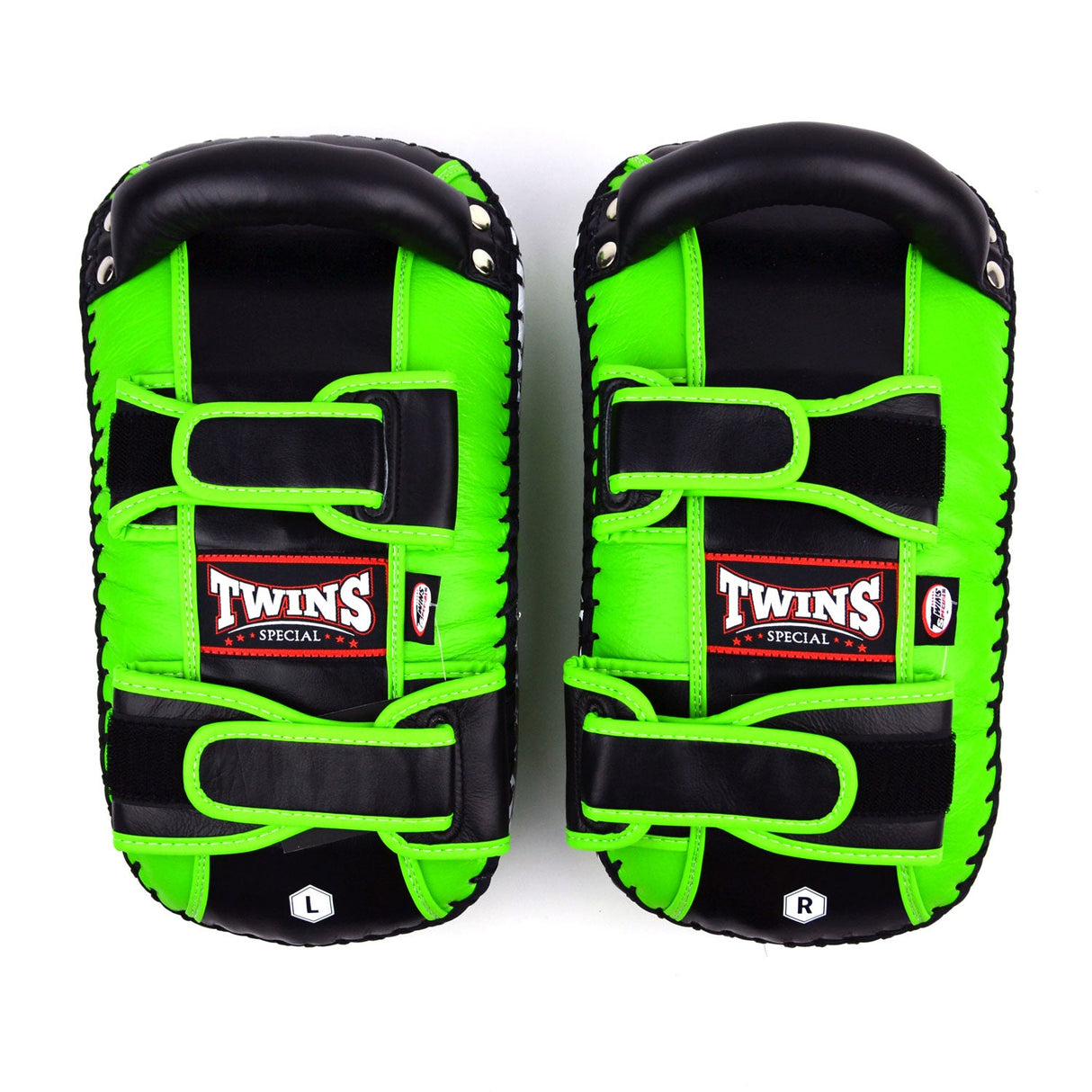 Twins Special KPL10 Curved Leather Thai Kick Pads Green-Black