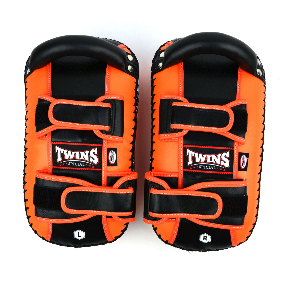 Twins Special KPL10 Curved Leather Thai Kick Pads Orange-Black