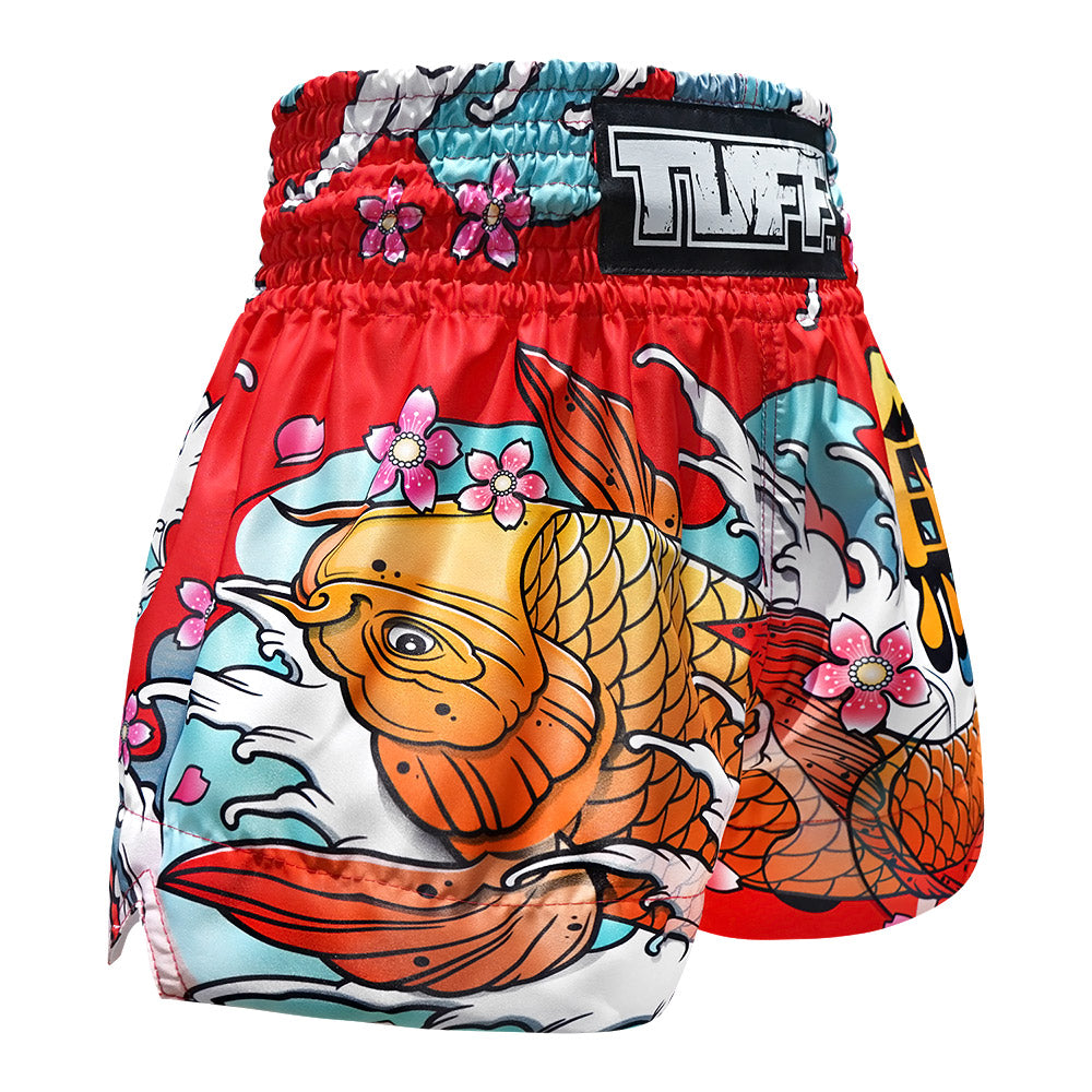TUFF Sport MS637 Japanese Koi Fish Muay Thai Shorts Red - design close-up