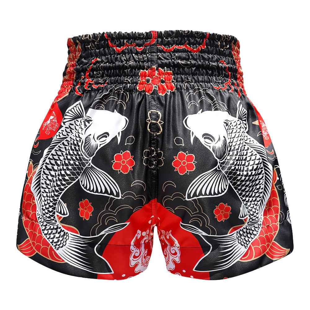TUFF Sport MS638 Japanese Koi Fish Muay Thai Shorts Black - side detail