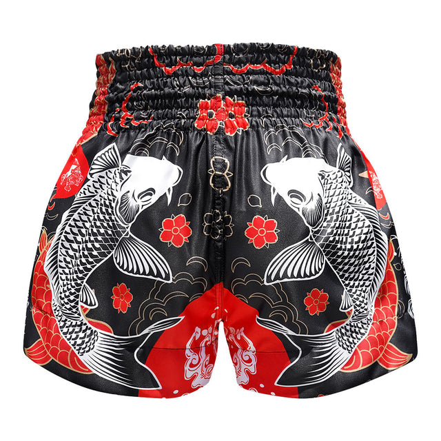 TUFF Sport MS638 Japanese Koi Fish Muay Thai Shorts Black - side detail