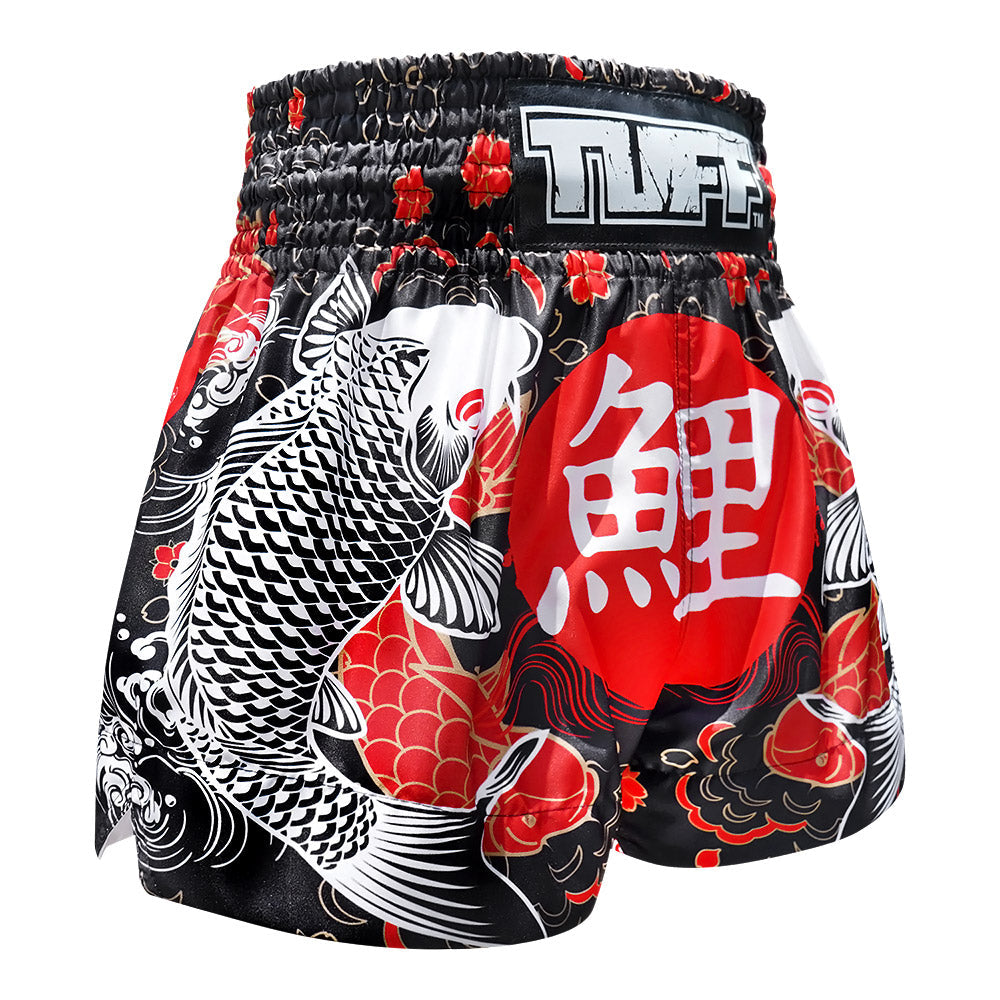 TUFF Sport MS638 Japanese Koi Fish Muay Thai Shorts Black - design close-up