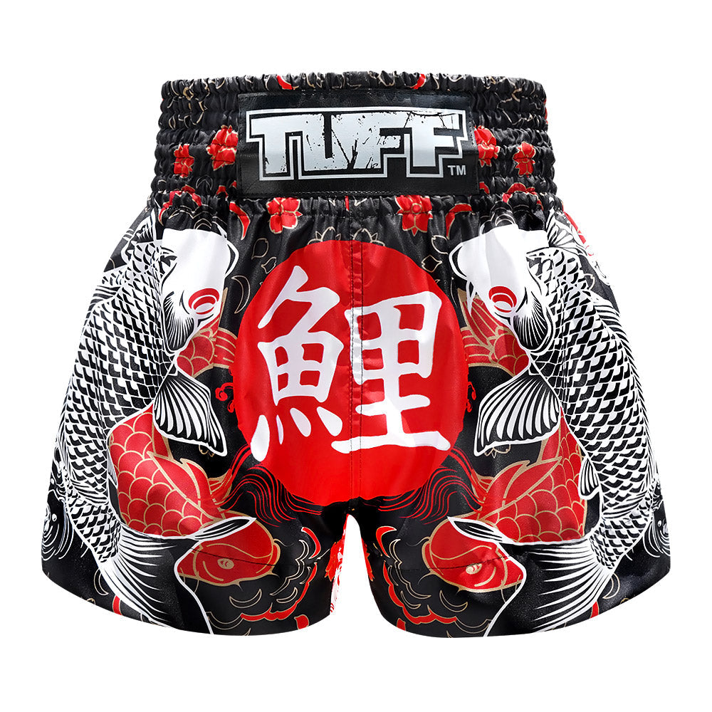 TUFF Sport MS638 Japanese Koi Fish Muay Thai Shorts Black - front view