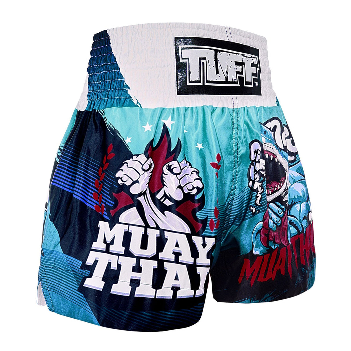 TUFF Sport MS673 The Carcharodon Muay Thai Shorts Blue - design close-up