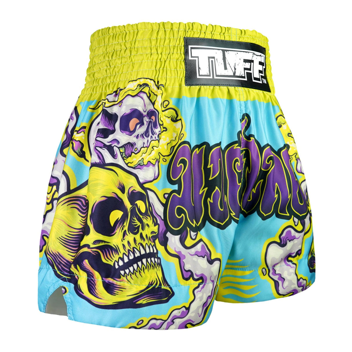 TUFF Sport MS682 Trippy Skull Muay Thai Shorts Light Blue - design close-up