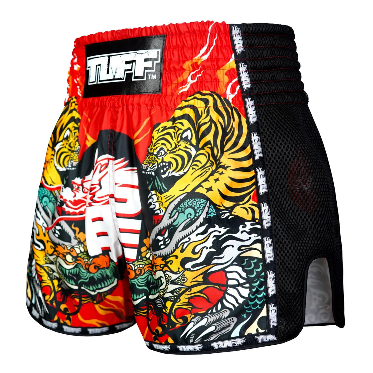 TUFF Sport MSC113 Chinese Dragon and Tiger Muay Thai Shorts Red - back view