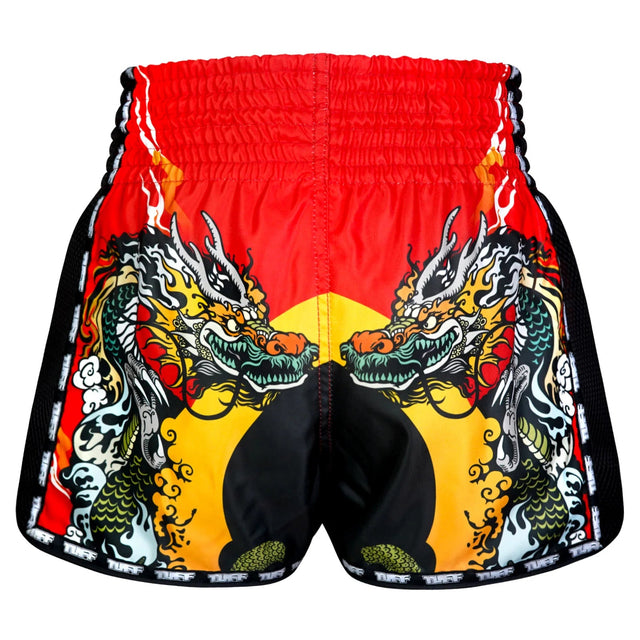 TUFF Sport MSC113 Chinese Dragon and Tiger Muay Thai Shorts Red - side detail