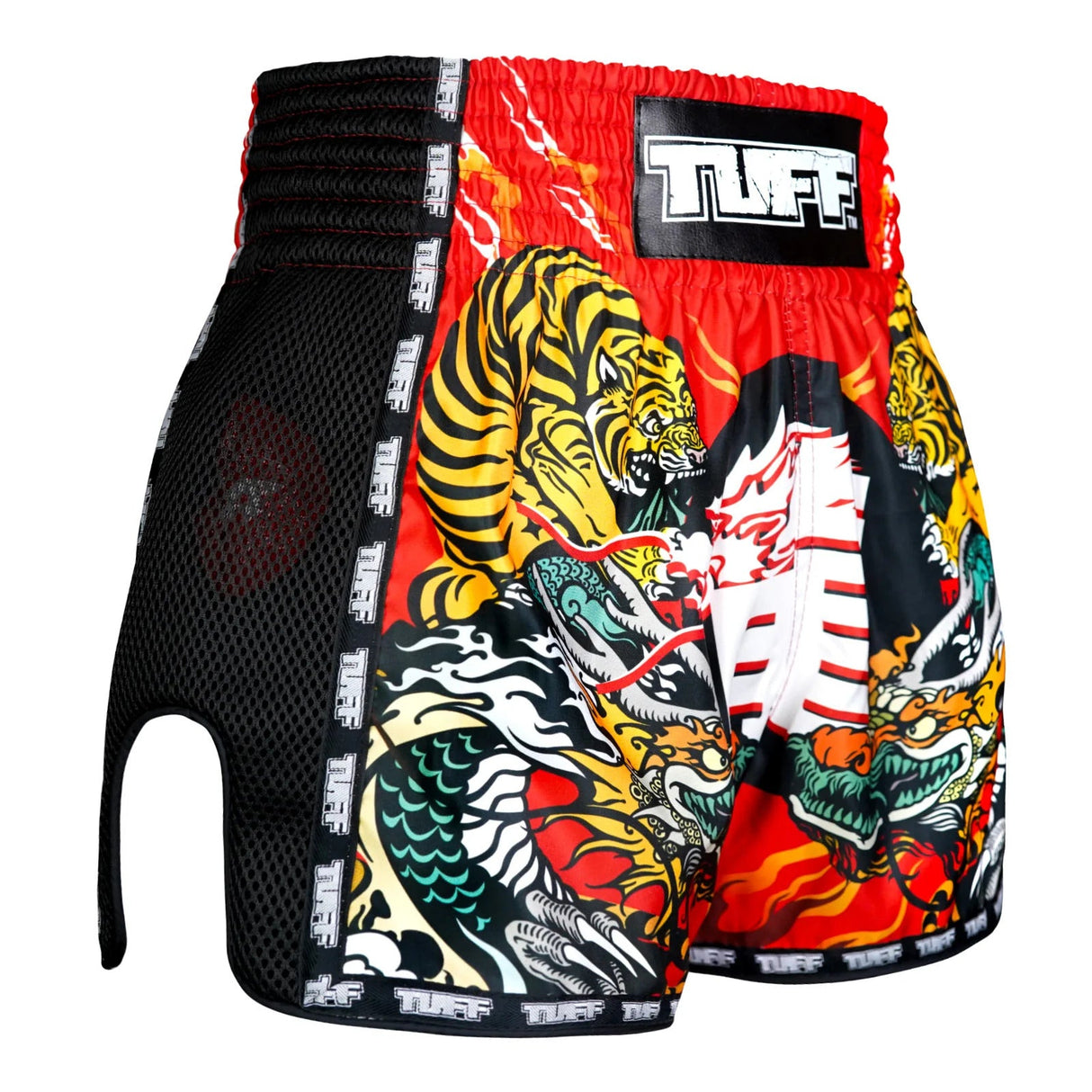TUFF Sport MSC113 Chinese Dragon and Tiger Muay Thai Shorts Red - design close-up