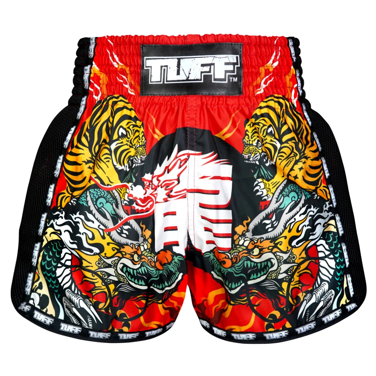 TUFF Sport MSC113 Chinese Dragon and Tiger Muay Thai Shorts Red - front view