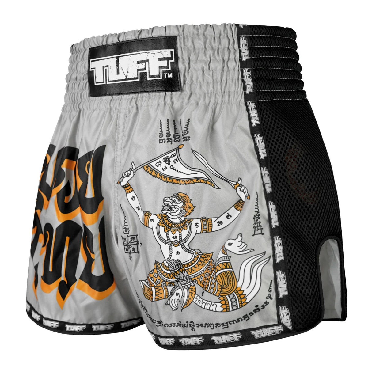 TUFF Sport MSC118 Retro Style Hanuman Yantra with War Flag Muay Thai Shorts Grey - back view
