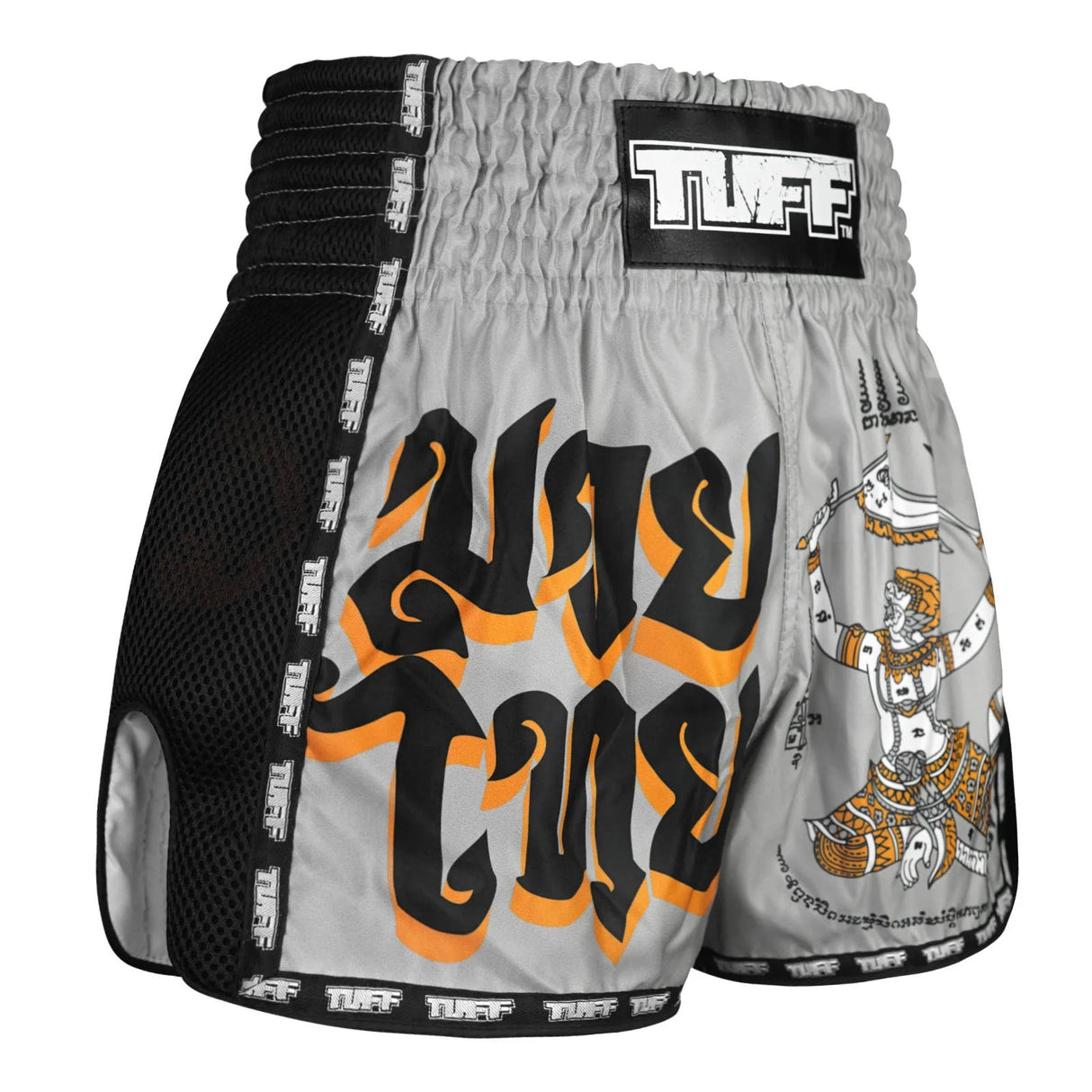 TUFF Sport MSC118 Retro Style Hanuman Yantra with War Flag Muay Thai Shorts Grey - design close-up