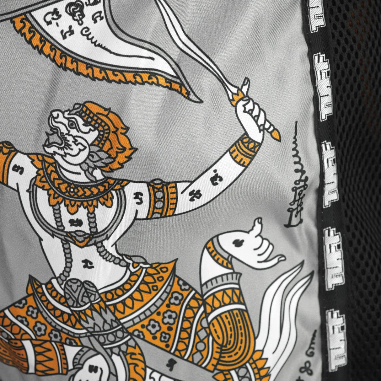 TUFF Sport MSC118 Retro Style Hanuman Yantra with War Flag Muay Thai Shorts Grey - fit and cut detail