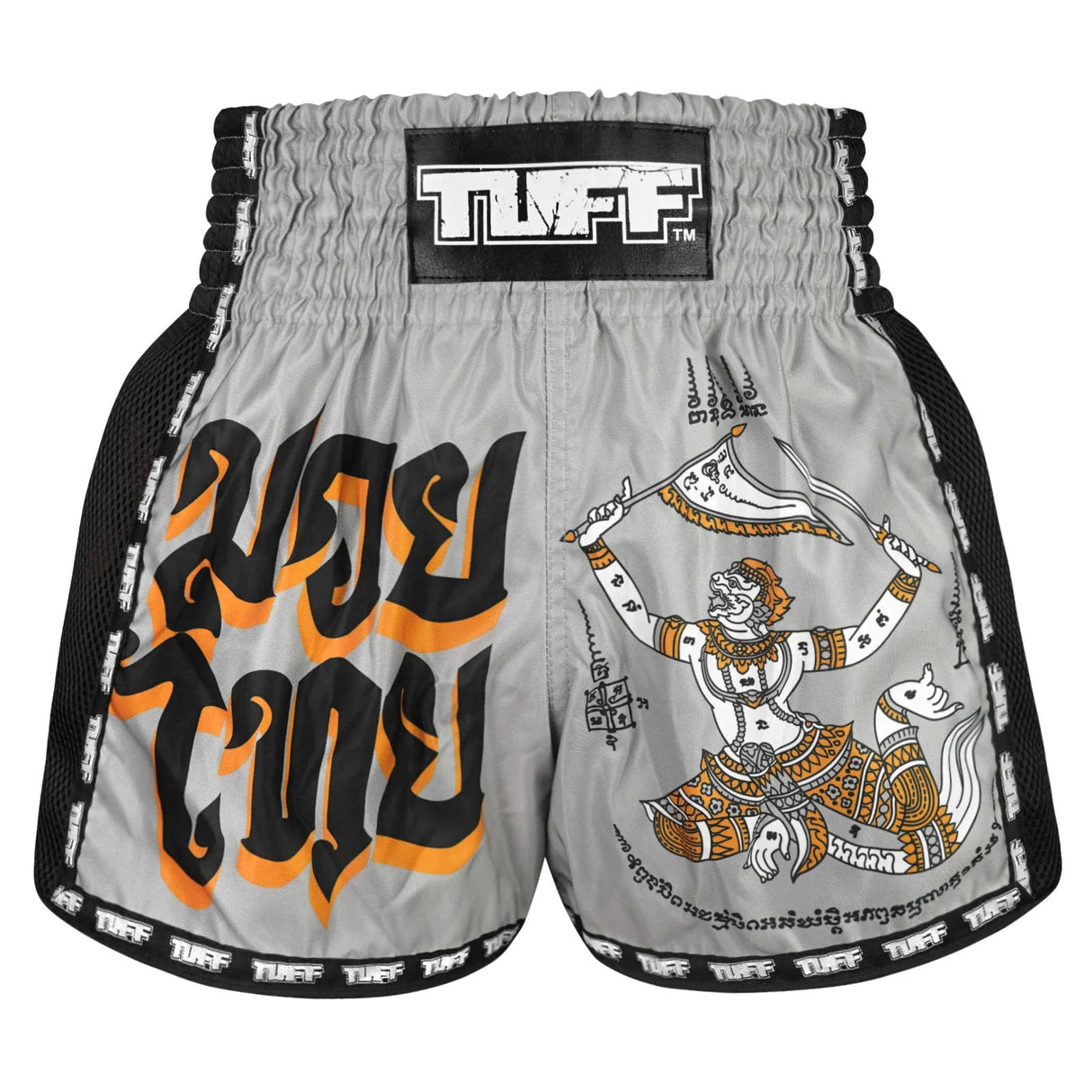 TUFF Sport MSC118 Retro Style Hanuman Yantra with War Flag Muay Thai Shorts Grey - front view