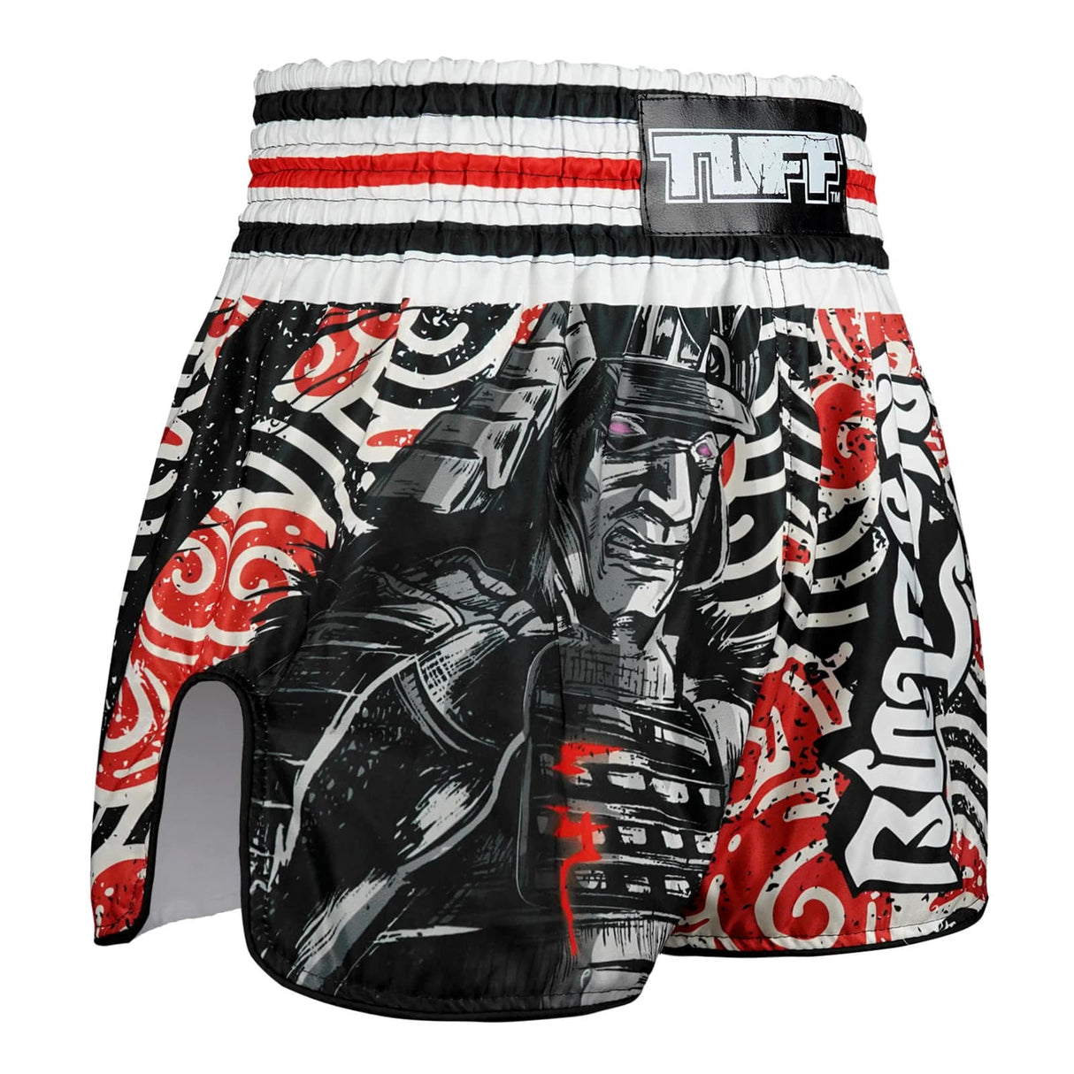 TUFF Sport RMS102 High-Cut Retro Waves of Bushido Elegance Muay Thai Shorts Black - design close-up