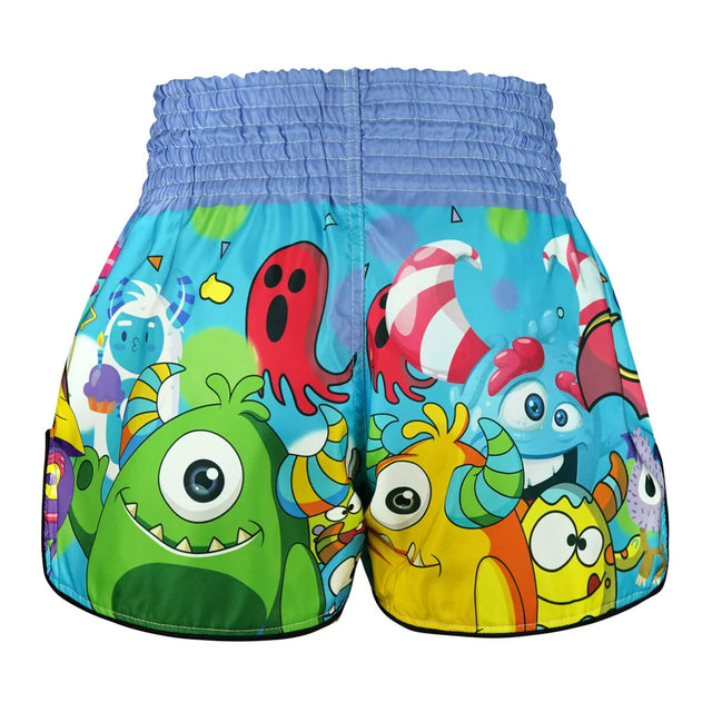 TUFF Sport RMS104 Kids Party Monster Muay Thai Shorts Blue - side detail