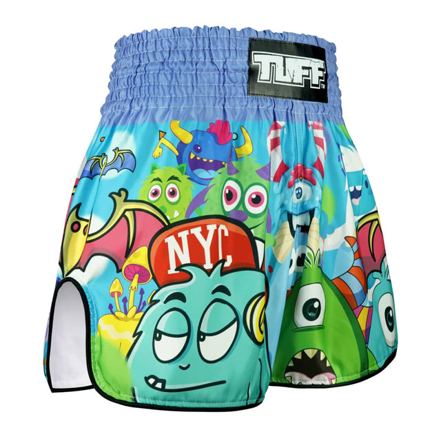TUFF Sport RMS104 Kids Party Monster Muay Thai Shorts Blue - design close-up