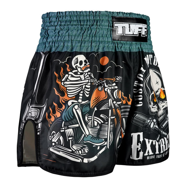 TUFF Sport RMS109 High-Cut Retro The Skull Rider Muay Thai Shorts Black - design close-up