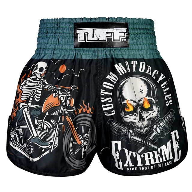 TUFF Sport RMS109 High-Cut Retro The Skull Rider Muay Thai Shorts Black - front view